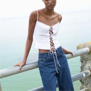 Zara White Lace-Up Top with Crossed Ties | Size S